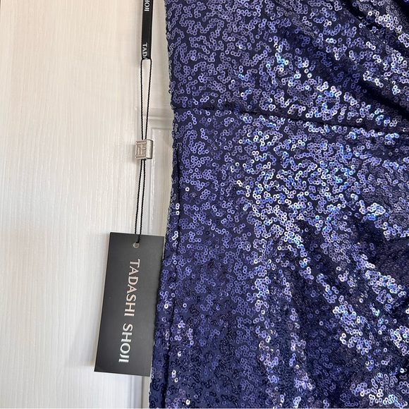 NWT TADASHI SHOJI SEQUIN OFF THE-SHOULDER GOWN NAVY PARTY FORMAL METALLIC   XS - Picture 9 of 14